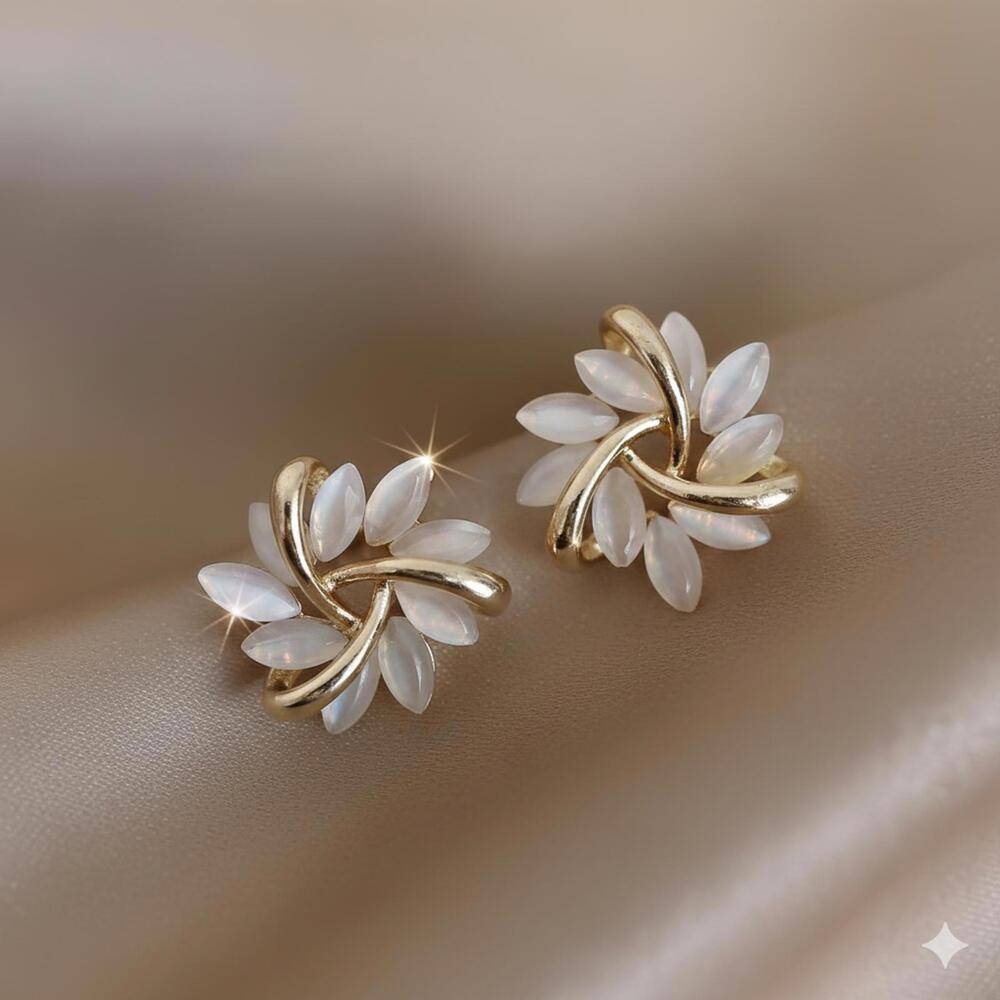 ElegantGlow Gold and White Leaf Design Women's Earrings